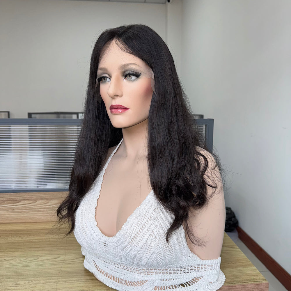 Dark brown with a soft natural tone lace top wig