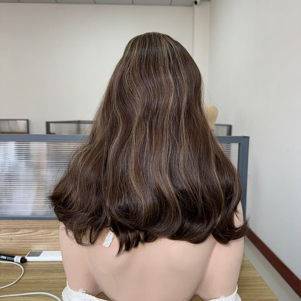 Dark Chocolate Brown with Soft Golden Highlights Skin Top Wig