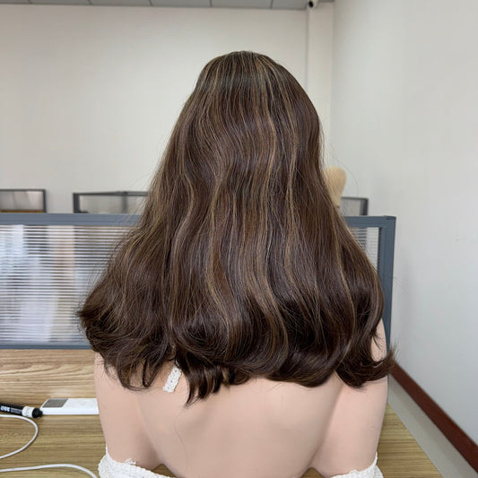 Dark Chocolate Brown with Soft Golden Highlights Skin Top Wig