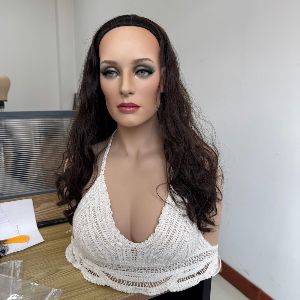 Custom European Hair Bandfall Sheitel in Natural Brown with Soft Waves