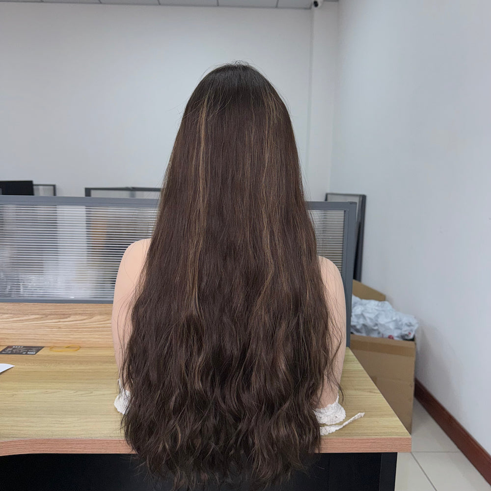 Long Wavy Lace Top Wig in Rich Dark Brown with Soft Caramel Highlight