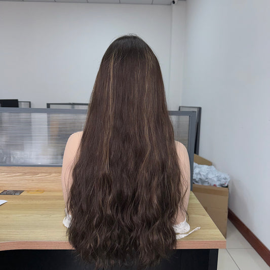 Long Wavy Lace Top Wig in Rich Dark Brown with Soft Caramel Highlight