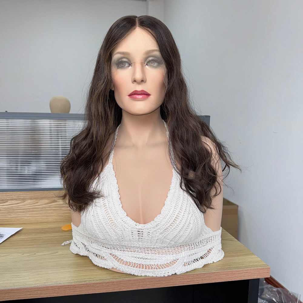 Dark Brown European Hair Lace Top Sheitel with Soft Waves