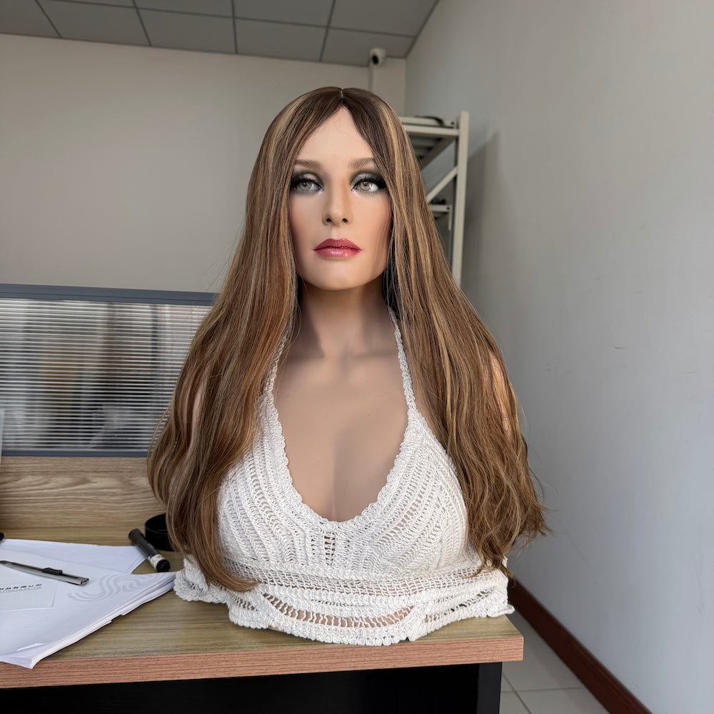 A natural warm brown with golden blonde highlights silk top wig