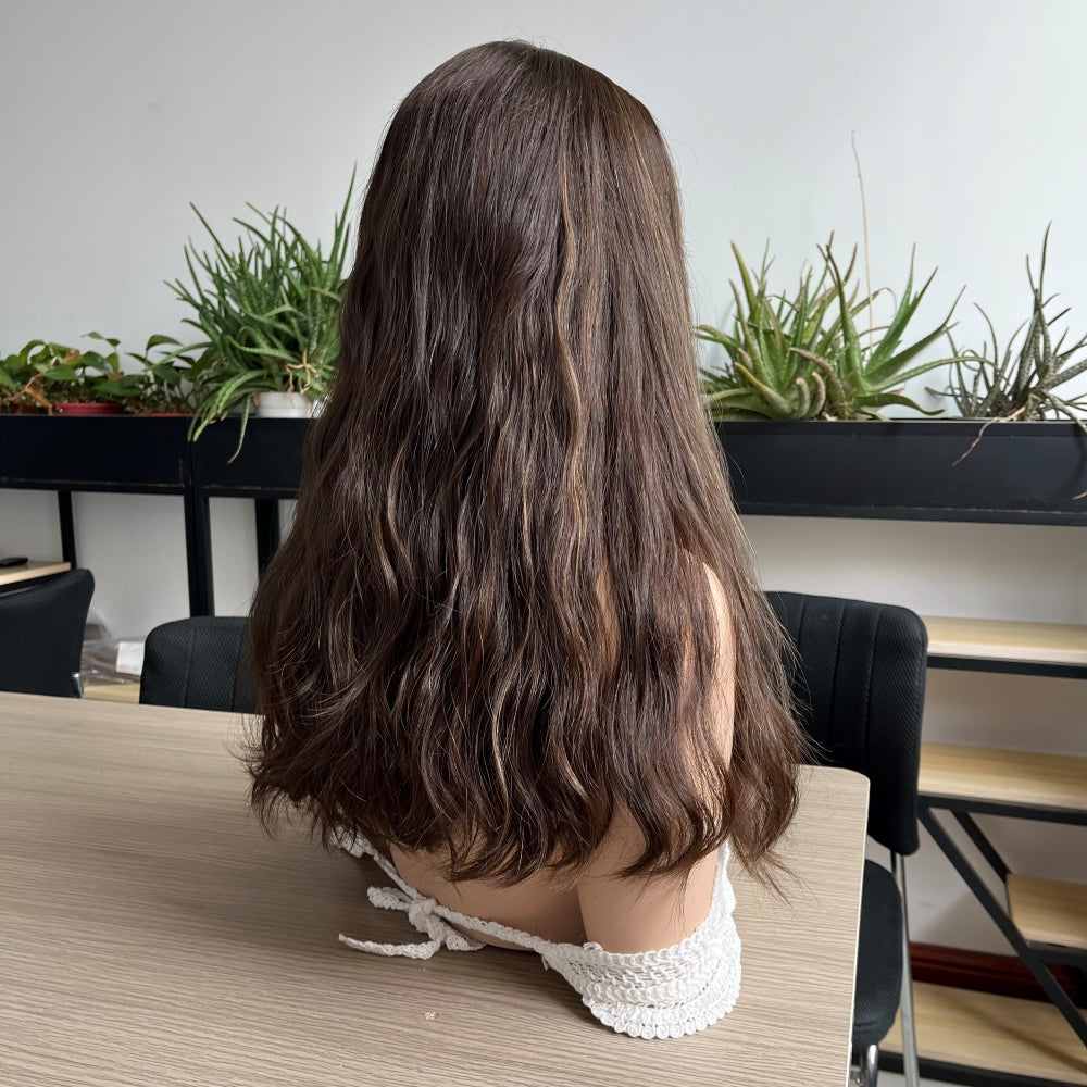 Dimensional Brunette with Honey Caramel Streaks Lace Top Wig