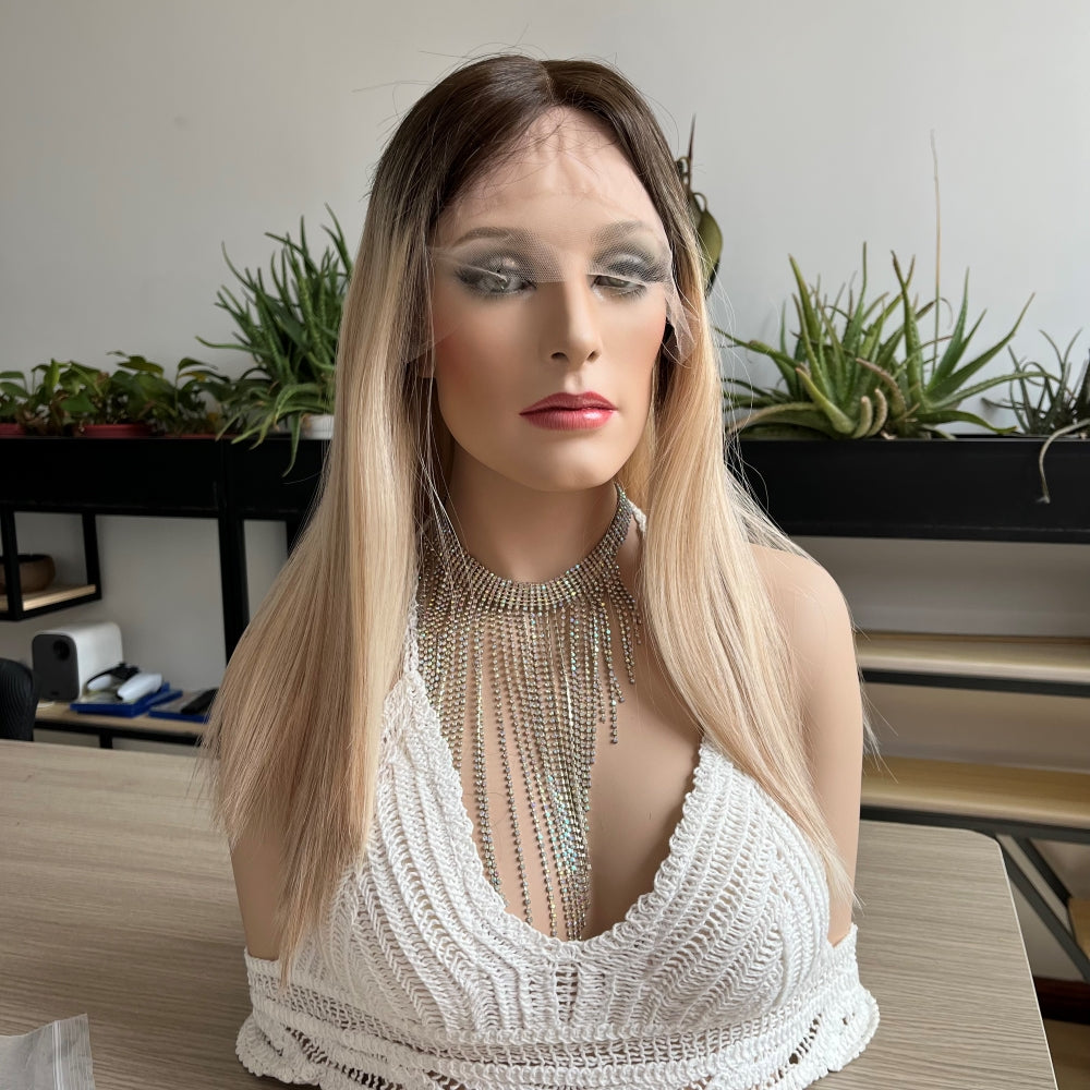 Stock 18'' Luxury Human Hair Top Lace Wig Platinum Blonde