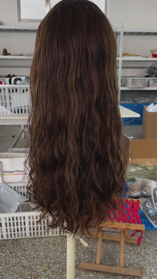 Dimensional Brunette with Highlights Natural Wavy Lace Top Wig